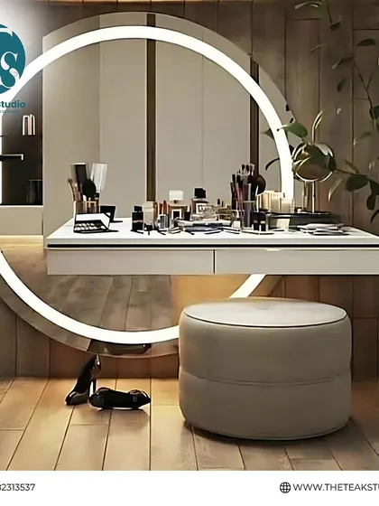 This design concept shows a modern floating vanity with a large, round backlit mirror. It’s a perfect solution for a sleek and contemporary dressing area.