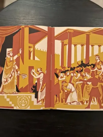 The citizens of Thebes plead with their king in this striking panel from the graphic adaptation of 'Oedipus'.