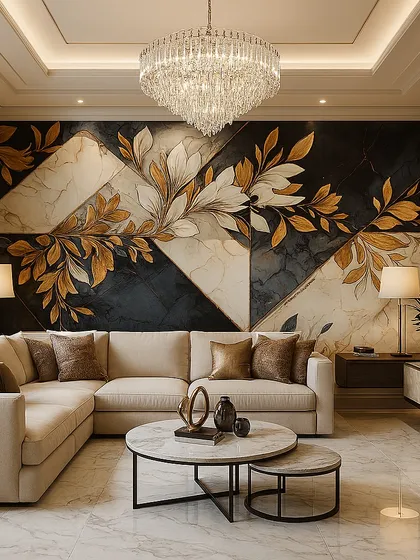 This wallpaper features a geometric pattern of black and white marble tiles, accented with golden leaves. It's a perfect blend of classic and modern styles.