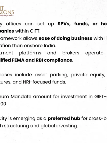 This bulletin puts a spotlight on GIFT City, India's global financial hub. We explain its tax advantages, eligible investments, and how it is emerging as a preferred center for cross-border wealth structuring for NRIs and HNIs.