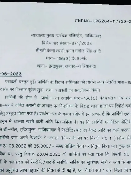 Application details for a 156(3) CrPC case in Ghaziabad. This document shows the case details filed in the Chief Judicial Magistrate court, Ghaziabad, on behalf of a client whose FIR was not being registered by the police.