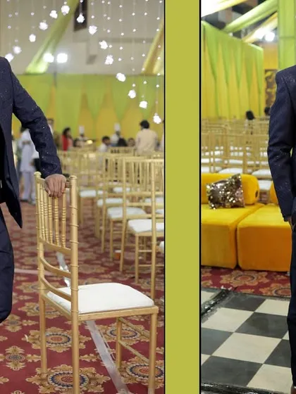 A collage of the groom's portraits from the reception, showing his stylish look for the evening party.