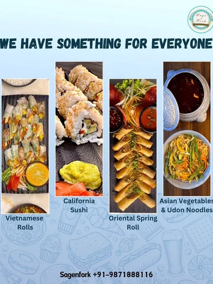A showcase of my Pan-Asian offerings. This collage features Vietnamese Rolls, California Sushi, Oriental Spring Rolls, and Udon Noodles, highlighting the variety I can provide for your event.