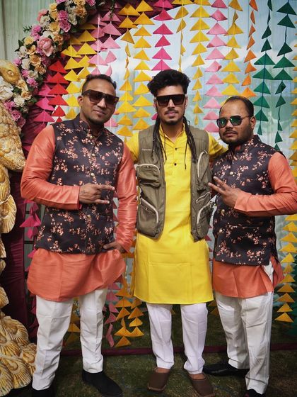 Posing with my talented dhol players after a fantastic Haldi ceremony. We work as a team to coordinate our music and energy, delivering a tight and professional performance every time.