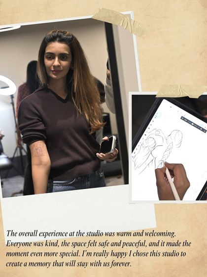 "The overall experience at the studio was warm and welcoming. The space felt safe and peaceful." A happy client with her new tattoo, a permanent memory of her bond with her mother.