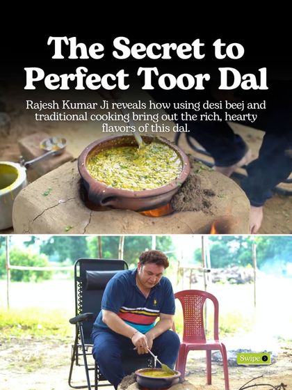 The secret to a perfect Toor Dal lies in traditional cooking. This carousel shows how using desi beej, farm-fresh ghee, and slow-cooking in a mitti handi brings out rich, hearty flavours.