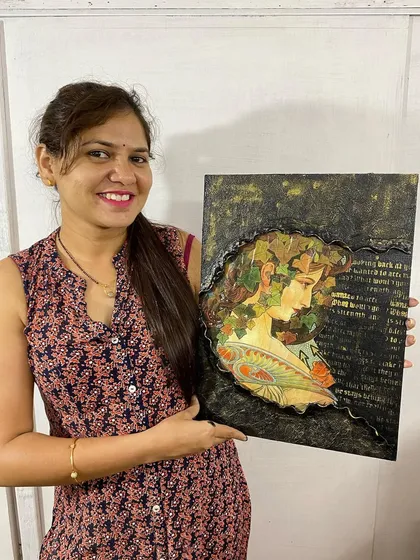 This stunning mixed-media canvas was created in just a one-day workshop. We love helping students explore different materials like decoupage and texture paste to create unique, personal art pieces.