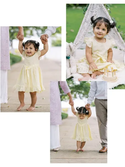 Another collage from the same session, highlighting the baby's first steps and playful moments with her parents.