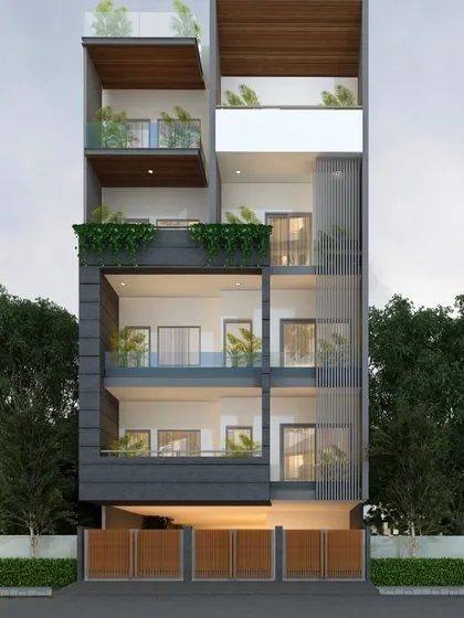 This design for a narrow-plot residence maximizes vertical space and light. The facade is articulated with recessed balconies, vertical screening elements, and integrated planters, creating a sense of openness and greenery within a compact urban footprint.