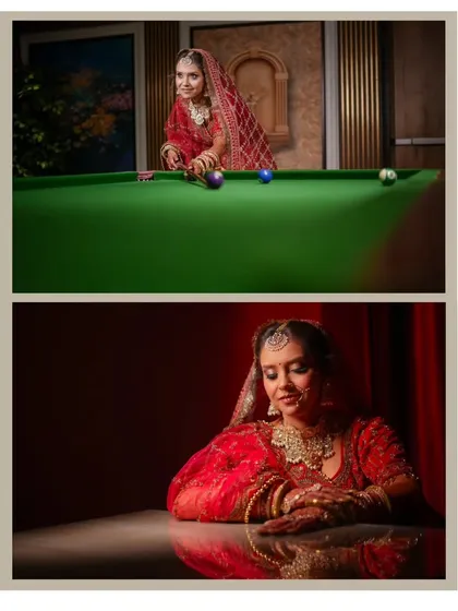A fun and unique album page, contrasting a traditional bridal portrait with a playful, modern shot of the bride at a pool table.