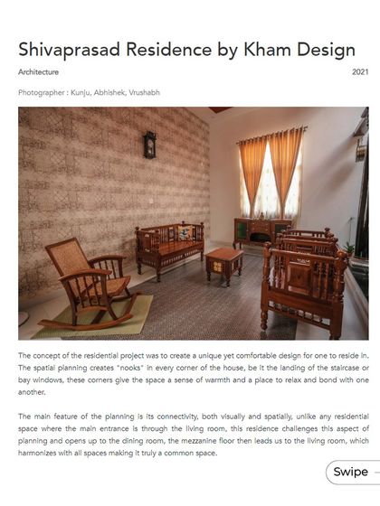 This feature in Volume Zero magazine details the design concept of the Shivaprasad Residence, focusing on its spatial connectivity and the creation of comfortable "nooks" for family bonding.