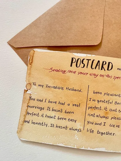 A closer look at the beautiful, raw emotion in this handwritten postcard. The words are the star of the show, complemented by the aged paper effect.