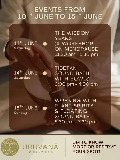 This was our mid June lineup, featuring unique workshops like "The Wisdom Years" for menopause, a classic Tibetan Sound Bath, and our immersive Floating Sound Bath with Plant Spirit Healing.