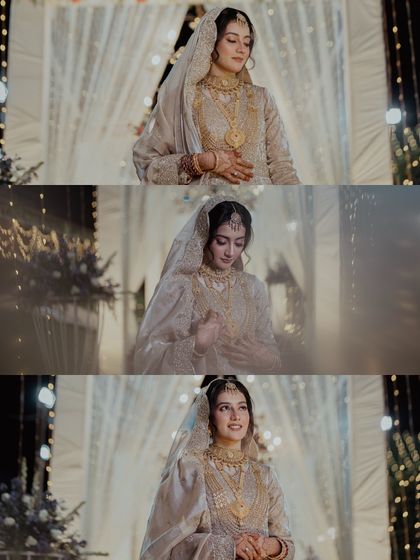 A collage of a Muslim bride's portraits, showcasing her elegant poses and beautiful wedding attire.