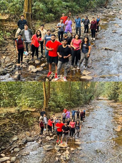 Trekking through a stream during our Dudhsagar and Dandeli trip. Monsoon adventures often involve crossing small rivers and streams, adding to the excitement of the journey.