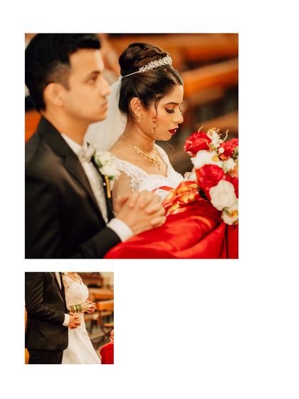 A collage showing the bride and groom during a prayer at their church wedding. This captures the solemnity and devotion of the ceremony.