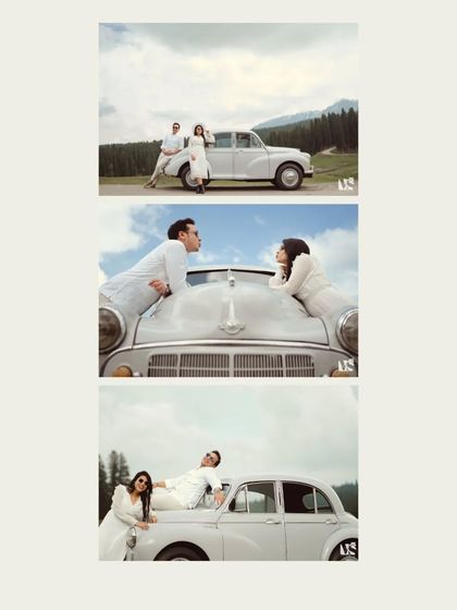 A fun and playful collage of a couple interacting with their vintage car in Kashmir. These shots show their personalities and the joyful, unscripted moments of their pre-wedding shoot.