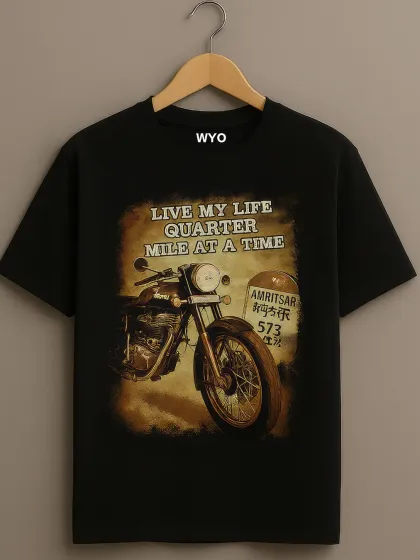 "Live my life quarter mile at a time." A classic quote for bikers and movie fans, this design features a vintage motorcycle for a rugged look.