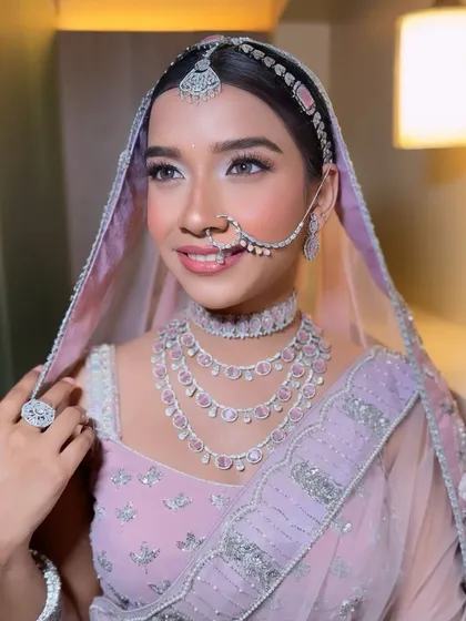A beautiful bride in a lilac lehenga with delicate silver embroidery. Her makeup is soft and romantic, with a matching pink lip and defined eyes.