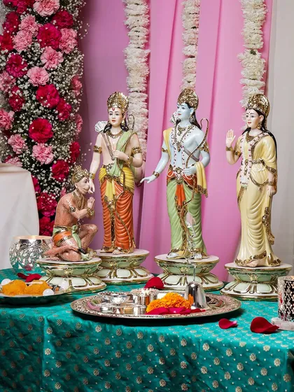 I present the complete Ram Darbar, a symbol of harmony, devotion, and righteous living. This large, hand-painted porcelain set captures the grace of Lord Ram, Sita, Lakshman, and Hanuman, making it a magnificent centerpiece for any home temple.