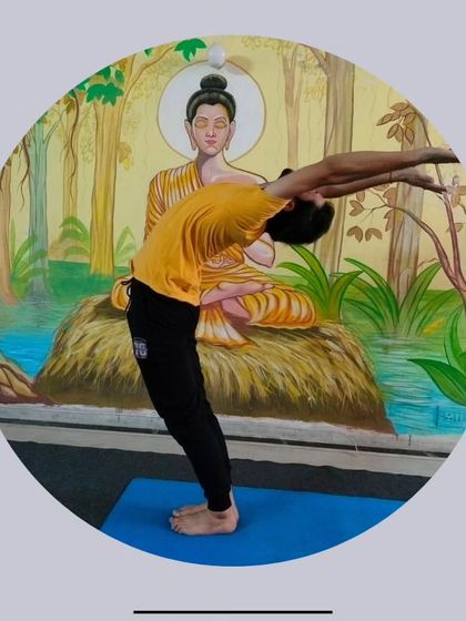 A demonstration of Ardha Chakrasana, the standing half wheel pose. This is a more accessible backbend that we often practice in our Hatha yoga group sessions.