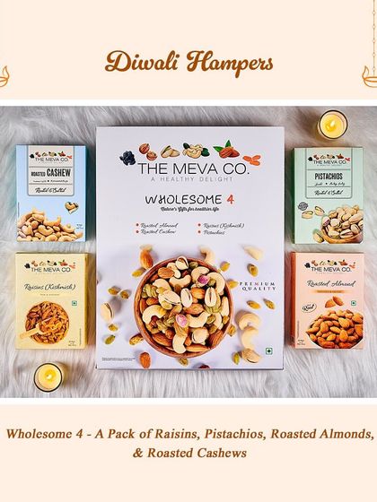 For a wholesome and healthy gift, we offer this premium dry fruit collection. It includes four varieties of roasted almonds, cashews, pistachios, and raisins, perfect for nutritious snacking during the festivities.