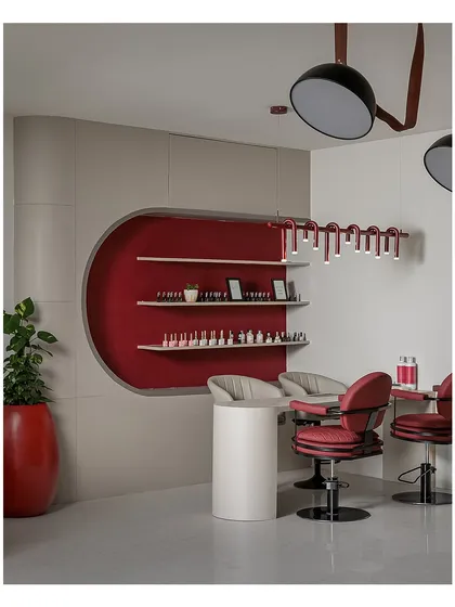 Another view of the pedicure station, highlighting the unique, serpentine light fixture and the thoughtful display of products on floating shelves.