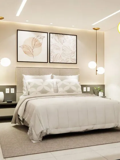 A front view of the bed, highlighting the symmetrical design with matching nightstands and pendant lights.