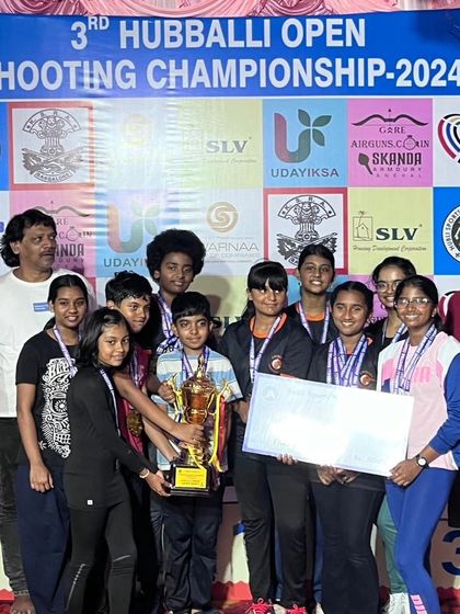 Our team proudly holding the championship trophy at the Hubballi Open Shooting Competition 2024. This victory is a result of collective hard work and dedication.