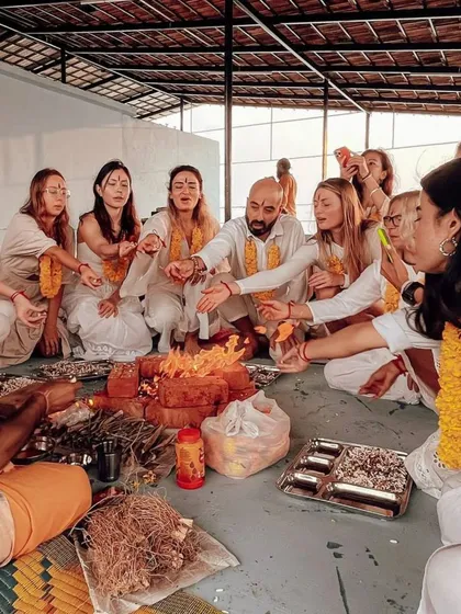 We begin our teacher training courses with a traditional fire ceremony, or Havan. This ancient ritual helps to purify the space and set positive intentions for the journey ahead, creating a sacred bond within our group.