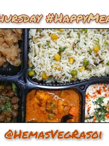 A look at our Thursday Happy Meal with a flavorful corn and pea pulao, creamy veg Kolhapuri, black chana masala, and sweet atte ka sheera.