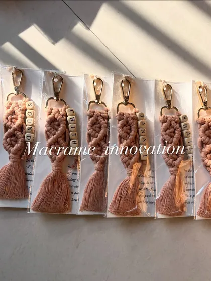 These dusty rose personalized keychains are ready to go. The combination of the soft color and the wooden name beads gives them a lovely, gentle vibe.
