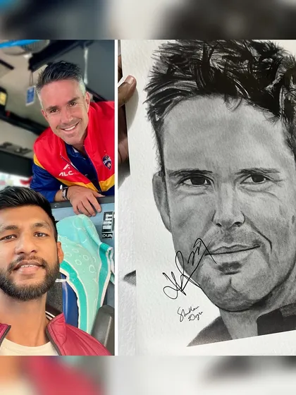 A selfie with former England captain Kevin Pietersen and the sketch I got him to sign. Grateful for these memories.