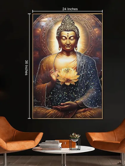 Perfectly sized at 24 by 36 inches, our Lord Buddha crystal glass painting is ideal for creating a peaceful focal point in your meditation space, living room, or entryway.