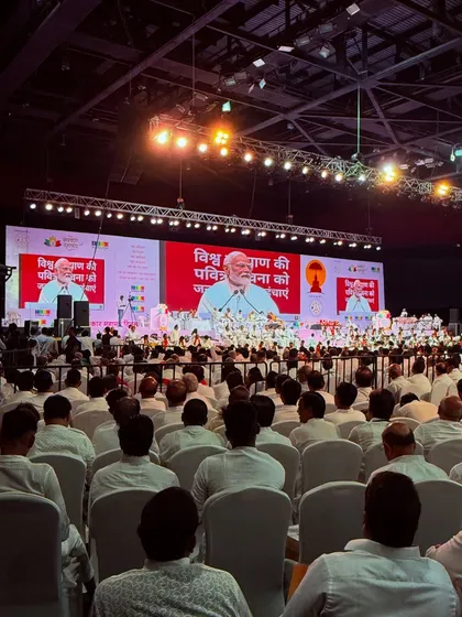 We were honored to manage the JITO Navkar Mantra Divas at the NSCI Dome, an event graced by the Honorable Prime Minister Shri Narendra Modiji. This image captures the scale of the conference, with a packed audience and a state-of-the-art LED screen setup ensuring a clear view for all attendees.