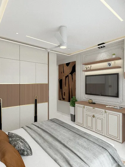 This view of the master suite shows the integrated TV unit and study desk. We designed this as a multi-functional space where you can work, relax, and unwind.