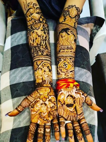 A very dense and intricate design with multiple portraits. It shows the couple, their families, and scenes from the wedding ceremony, covering the hands completely.