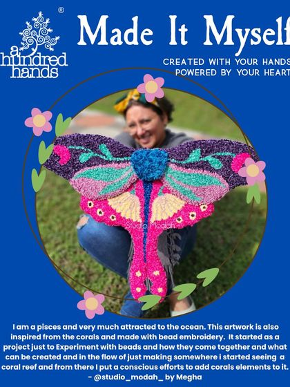 A week 3 winner showcases a large, textured punch needle moth inspired by the ocean and coral reefs.