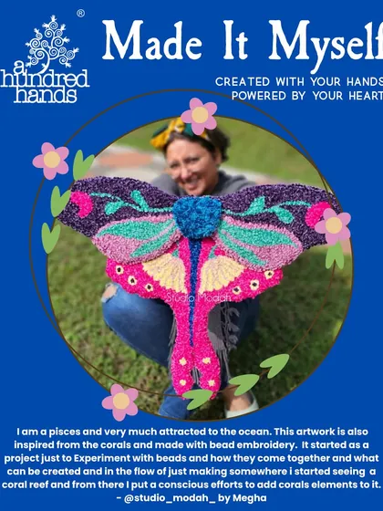 A week 3 winner showcases a large, textured punch needle moth inspired by the ocean and coral reefs.