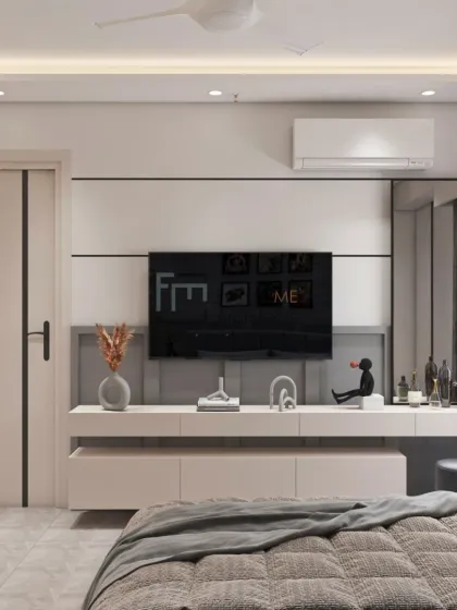 The entertainment zone in the kids' room features a floating TV console and a full-length mirror, which helps make the space feel larger. The clean, handle-less design of the storage keeps the look modern and uncluttered.