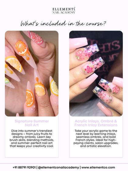 Dive into summer's trendiest designs, from juicy fruit nail art to dreamy ombrés. My course also covers advanced acrylic inlays and French inlay extensions for high-paying clients.