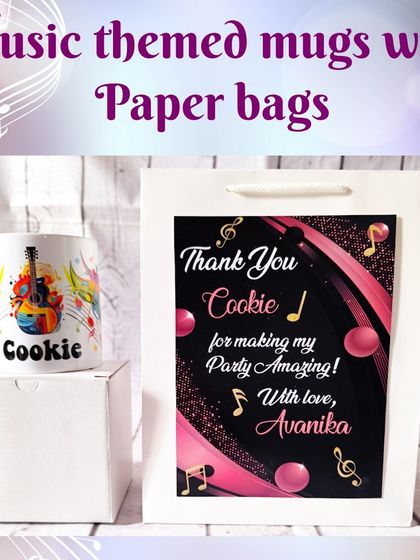 Each music-themed mug comes with a plain white box and a custom-designed paper bag with a personalized thank you message.