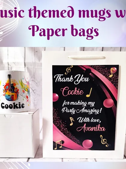 Each music-themed mug comes with a plain white box and a custom-designed paper bag with a personalized thank you message.