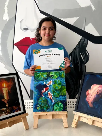 The dramatic lighting in these oil paintings is incredible. This student has masterfully captured a candlelit scene and a koi pond.