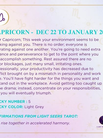 This weekly prediction for Capricorn shows a challenging environment. My guidance is to have extra patience and perseverance, concentrate on your responsibilities, and you will triumph.