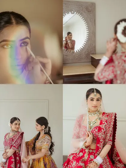 A collage telling the story of a bride getting ready: the final touches of makeup, a moment with her sister, and the final, breathtaking look.