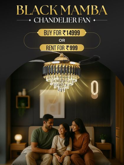You decide how to bring luxury home. With options to rent, rent-to-own, or buy on EMI, my service is designed to be flexible. This Black Mamba Chandelier Fan is a great example of a piece you can try for a low monthly fee.