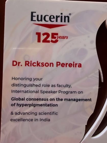A close-up of the award from Eucerin, honoring my role in the International Speaker Program on the management of hyperpigmentation.