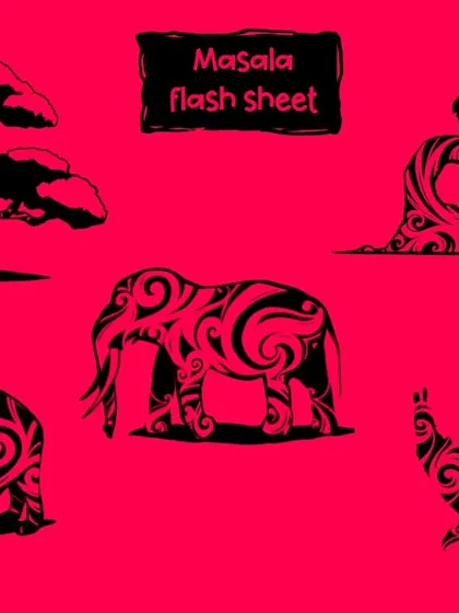 This is my 'Masala Flow' flash sheet, featuring flora and fauna with a desi vibe. Designs like the bonsai, elephant, and eagle are drawn with curvy, continuous lines, ready to be inked. If you're looking for a tribal fusion tattoo, this is a great place to start.