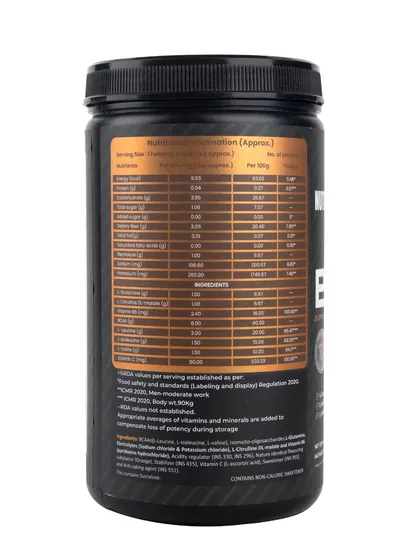 The back label of the orange-flavored BCAA powder.